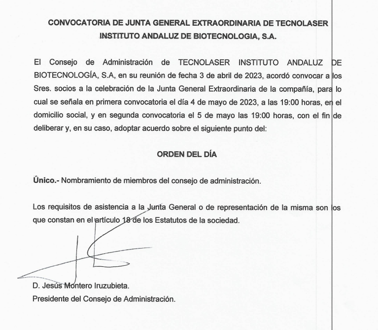 Convocatoria de Junta general Extraordinaria de Tecnolaser Instituto Andaluz de Biotecnologia S.A.
